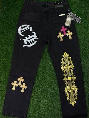 Chrome Hearts Black Jeans with Yellow Ornate Panel & Cross Patches